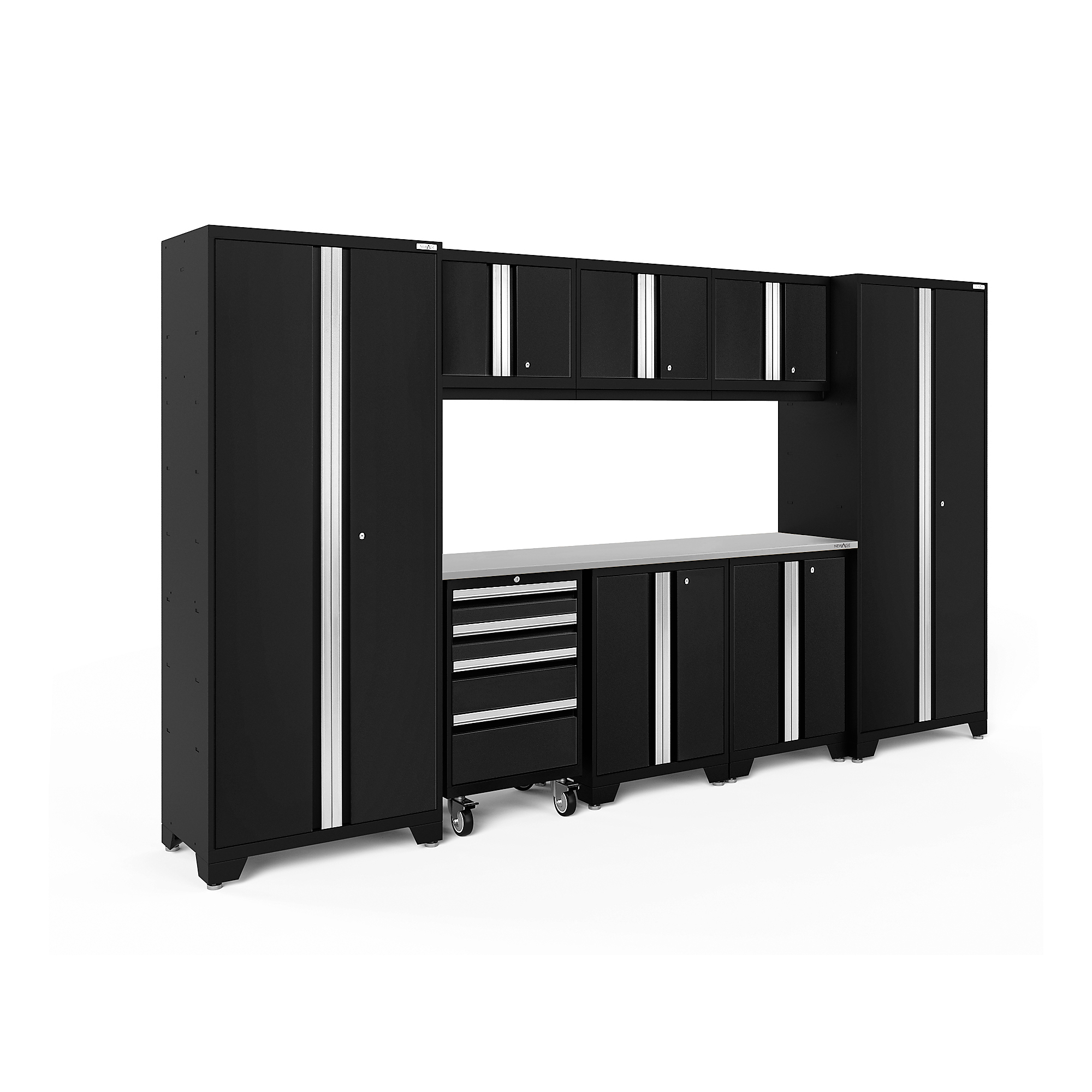 NewAge Products, Bold Series Black 9-Pc. Steel Garage Cabinet Set, Width 132 in, Height 76.75 in, Depth 18 in, Model# 63151